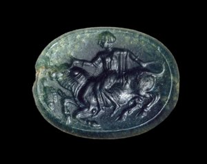 エウロパと雄牛を描いたスカラボイド、キプロス出身のギリシャ人、アルカイック後期（ヒスイ） 作： Greek